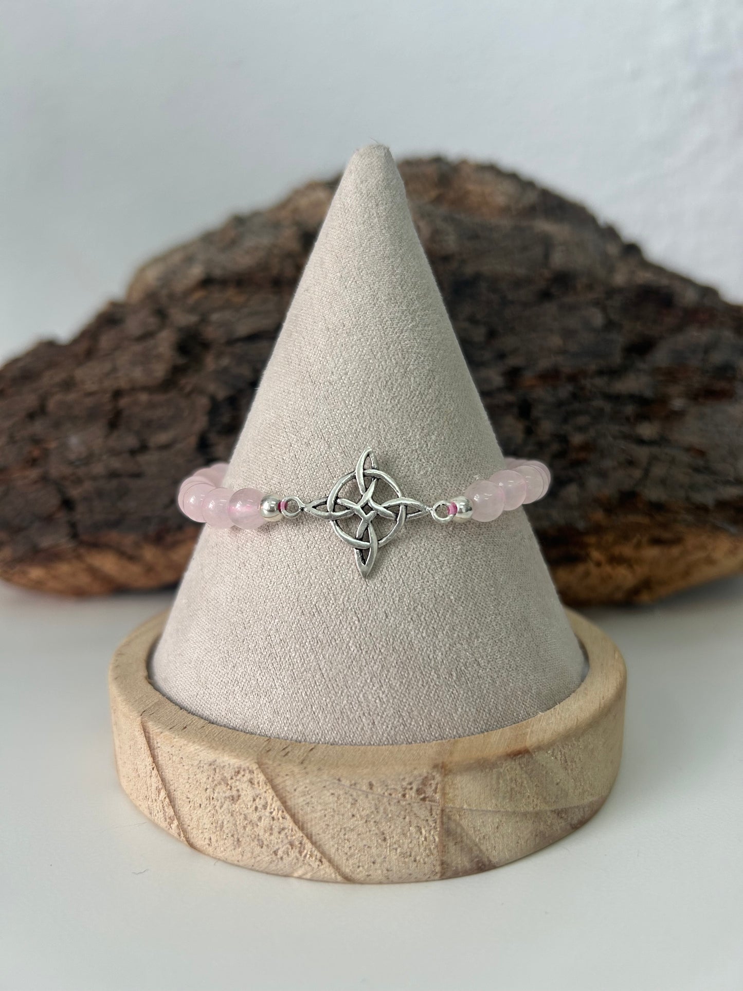 Pulsera nudo de brujas y cuarzo rosa (plata 925)