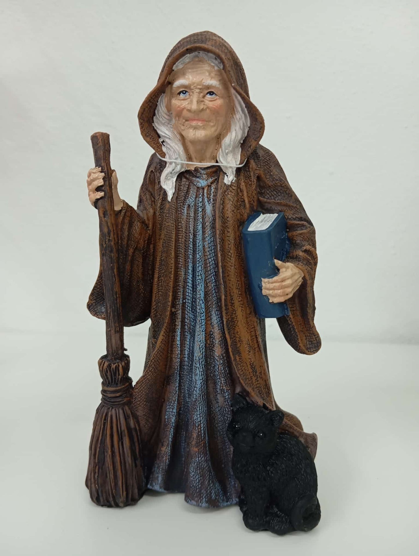 Bruja con escoba, libro y gatito