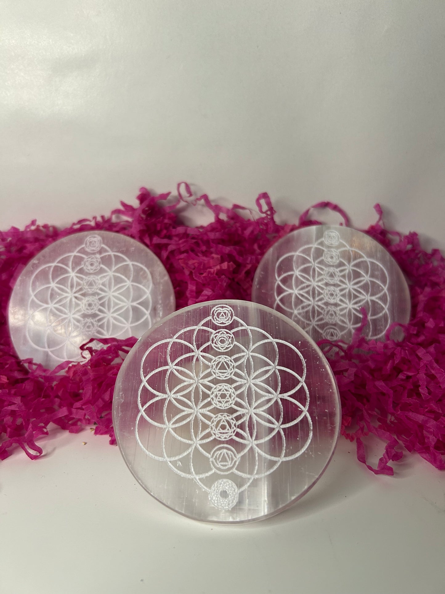 Placa Selenita Chakras y Flor de la Vida.