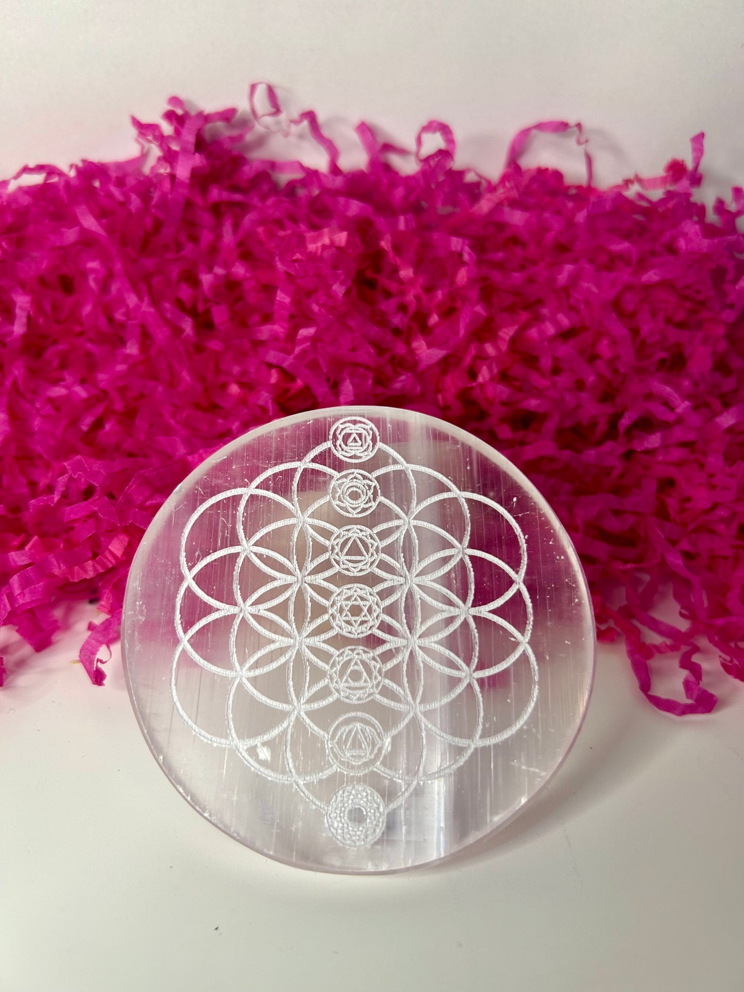 Placa Selenita Chakras y Flor de la Vida.