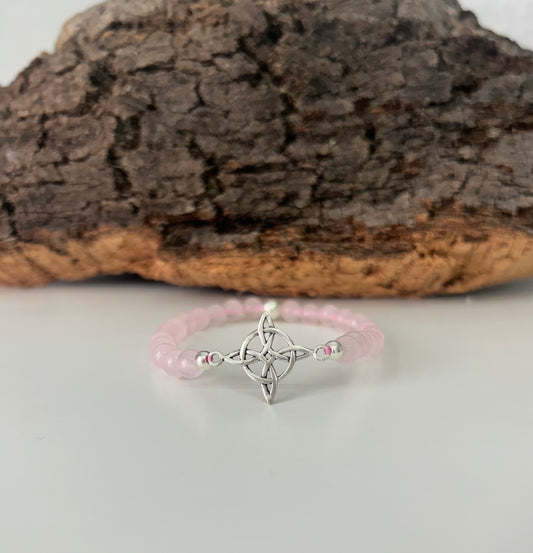 Pulsera nudo de brujas y cuarzo rosa (plata 925)