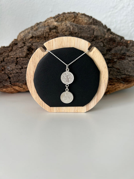 Colgante doble medalla San Judas y San Benito (plata 925)