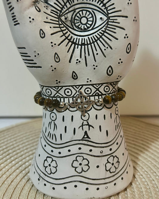 Pulsera de nudo de bruja en plata con ojo de tigre.(Ritualizado y activado)